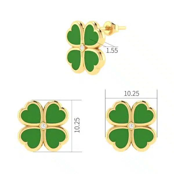 Clover Stud Earrings with vibrant green enamel and a sparkling central diamond set in gold or silver.