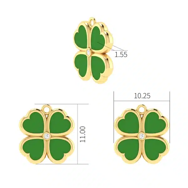 Clover-shaped pendant featuring vibrant green enamel and a central sparkling diamond, crafted in gold.