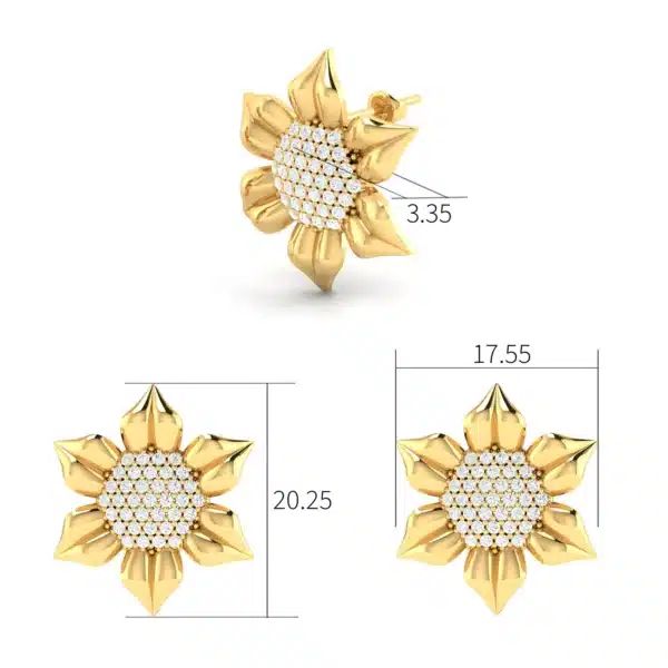 Close-up of Sunflower Stud Earrings with Pave Center, showcasing detailed petal design and sparkling pave-set stones in the center.
