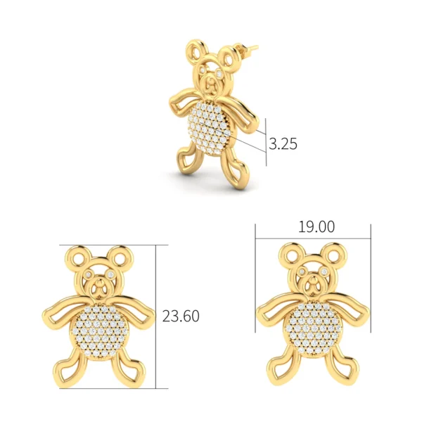 Gold bear-shaped stud earrings with diamond bellies on a white background, reflecting sophistication and playful elegance.