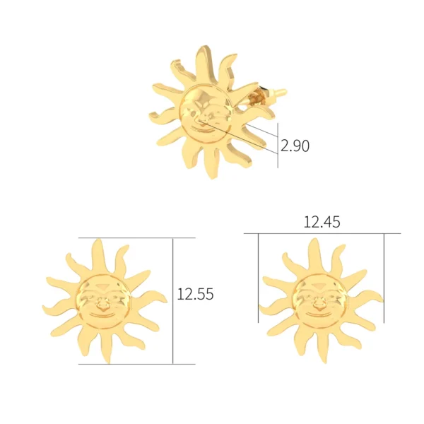 Gold or silver Sun Face Stud Earrings, featuring intricately etched rays and a charming facial motif, reflecting a bright and optimistic design.