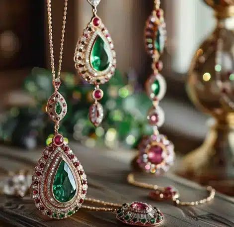 A display of traditional and contemporary Turkish jewelry, featuring gold and silver pieces adorned with precious stones, reflecting centuries of artisanal craftsmanship inherited from the Ottoman Empire.