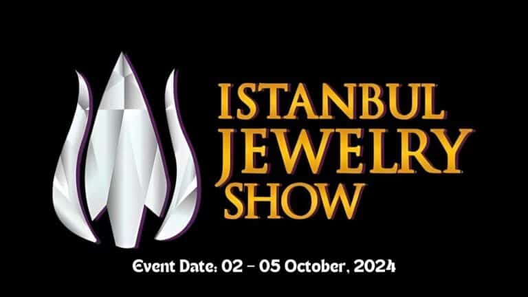 Attendees interacting at the Istanbul Jewellery Show 2024 with various jewelry displays in the background.