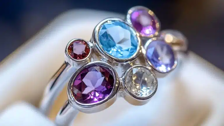 A jeweler setting a vibrant birthstone into a custom ring, showcasing the personalized aspect of birthstone jewelry.