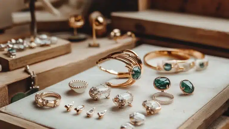 An entrepreneur planning a custom jewelry brand launch, examining product samples and marketing materials on a work desk.