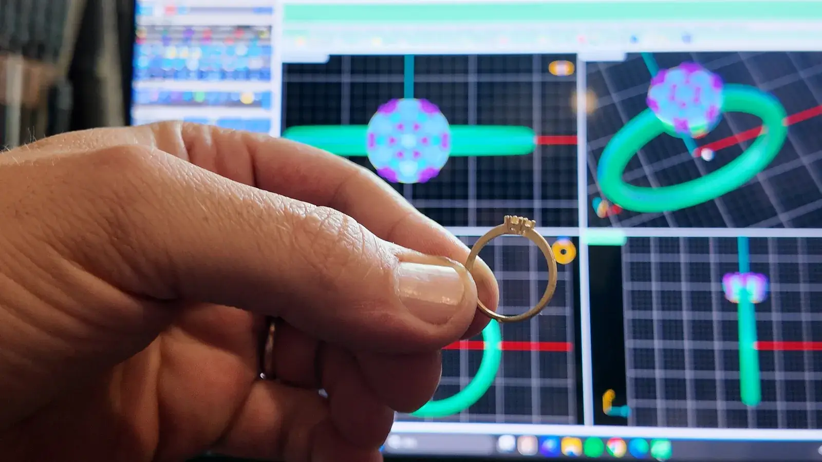 Hand holding a ring component in front of four CAD views of a ring design